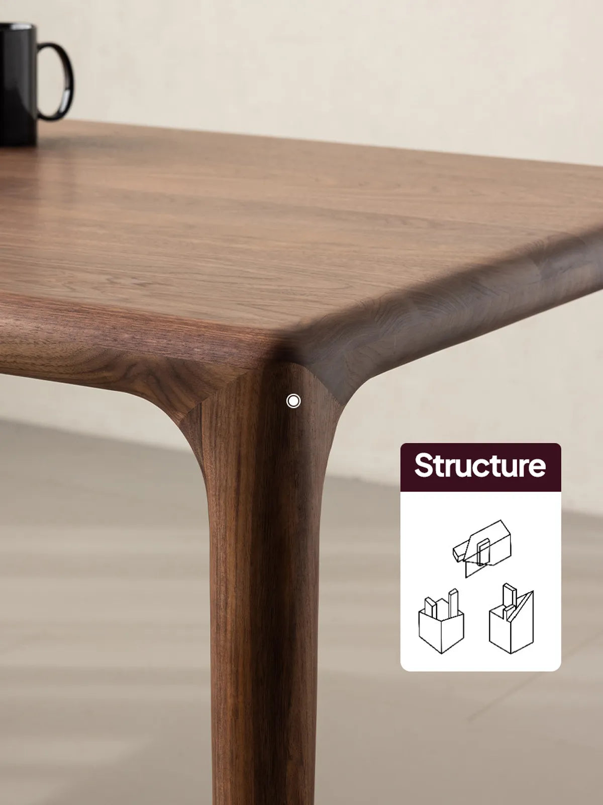 Macro detail of the reinforced mortise and tenon joinery on the legs of the Heritage dining table.