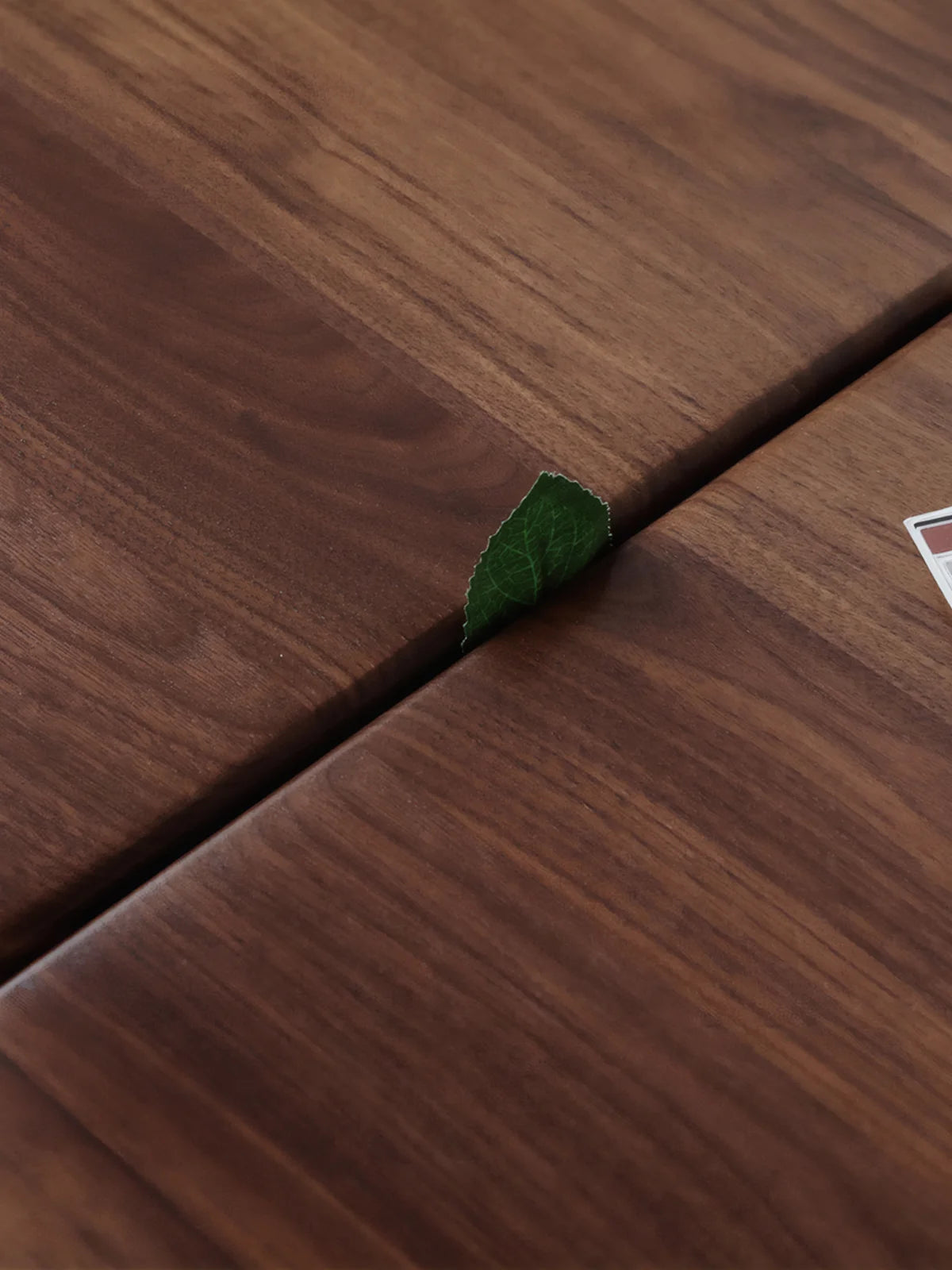 Detail of the extension joint on a solid walnut dining table showing clean alignment and leaf opening