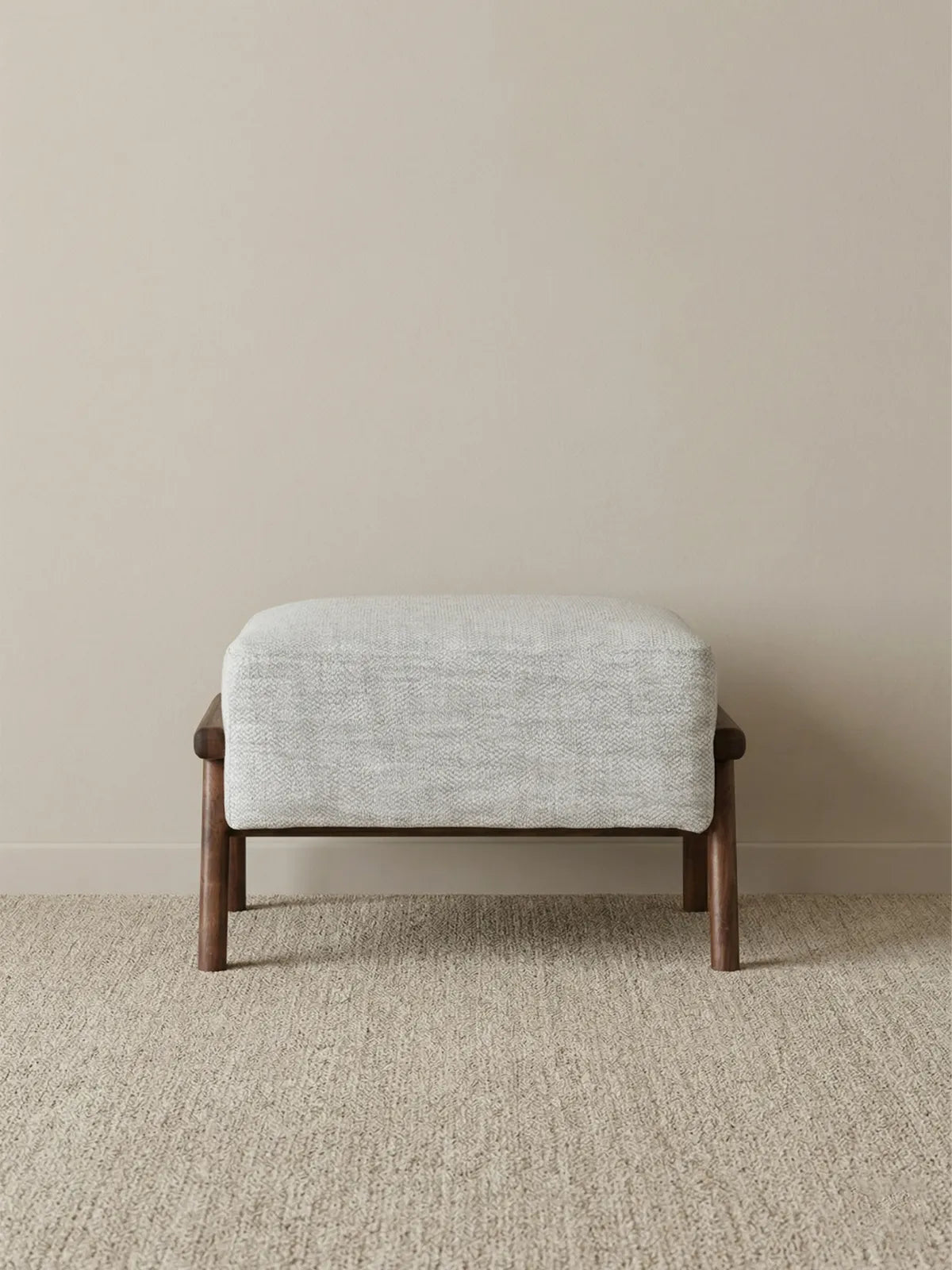 Walnutry Heritage Footstool clean front display, mid century footstool with textured fabric upholstery and walnut wood structure