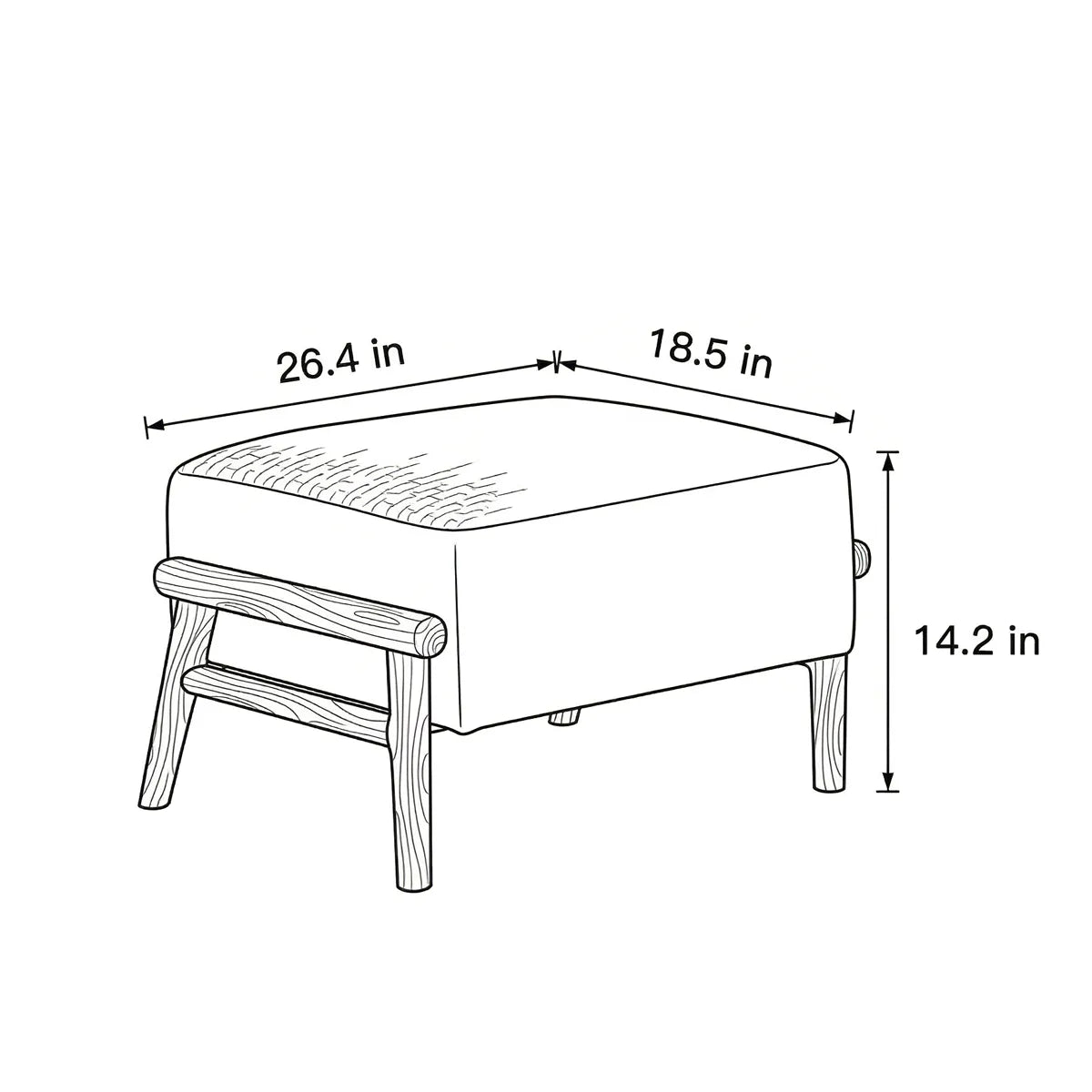 Walnutry Heritage Footstool dimension drawing showing 26.4 inch length, 18.5 inch width, and 14.2 inch height