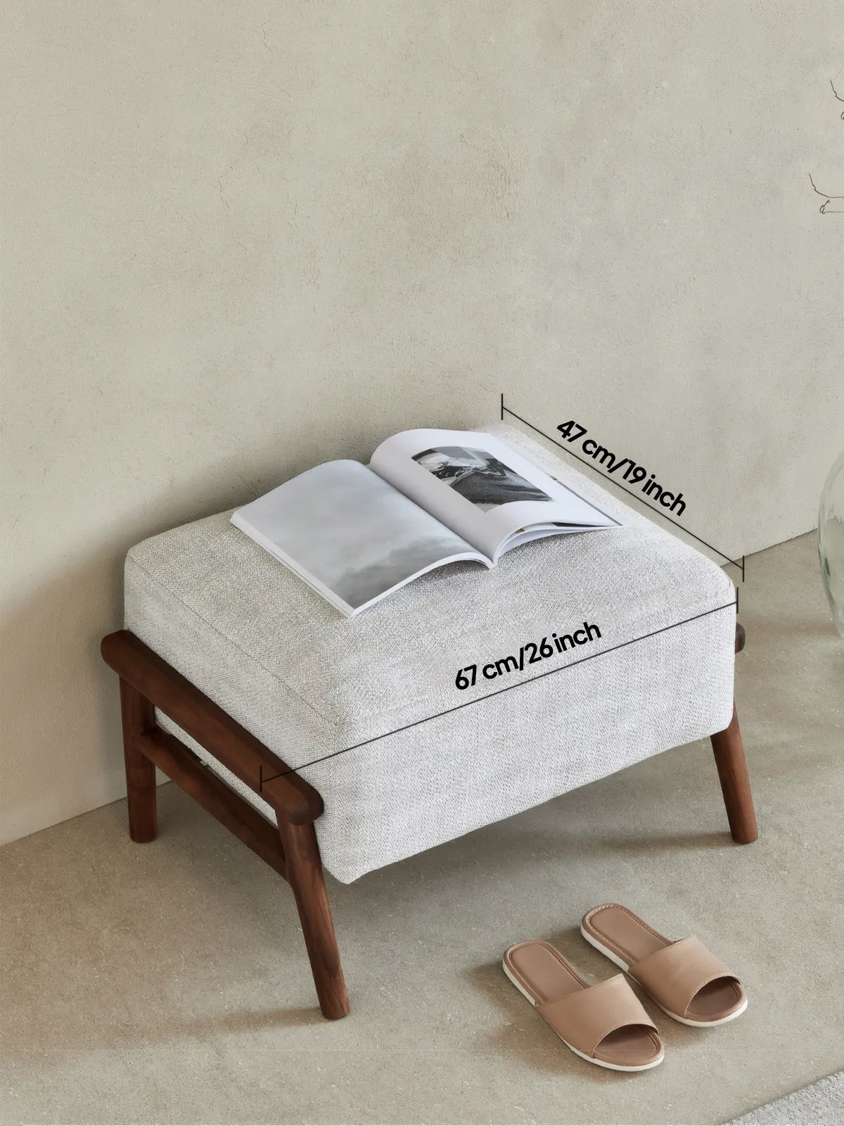 Walnutry Heritage Footstool measurement photo showing 67 cm by 47 cm upholstered seat and compact wooden footstool proportions