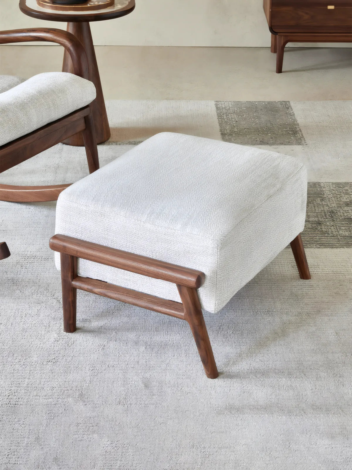 Walnutry Heritage Footstool living room display, small ottoman and footstool with soft fabric seat and wood base