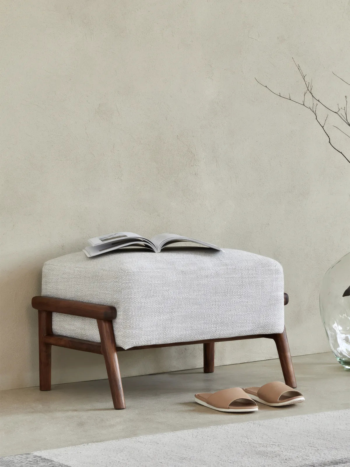 Walnutry Heritage Footstool three quarter view, vintage wooden footstool style with upholstered top and walnut tone frame