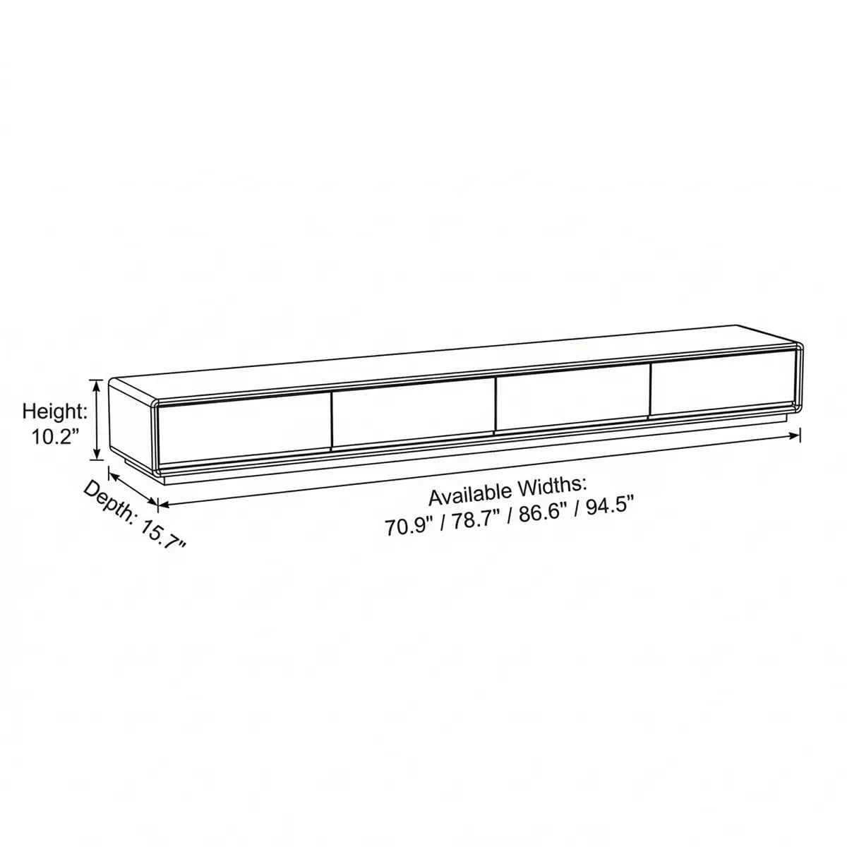 Dimensional line diagram of The Heritage Media Console detailing height, depth, and the four available widths ranging from 70.9 inches to 94.5 inches.