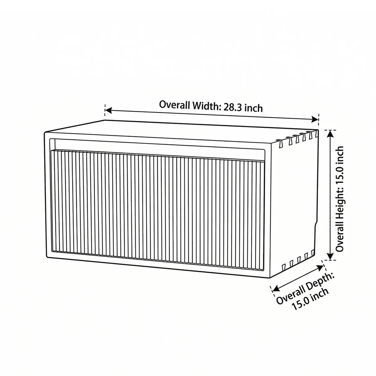 Schematic line drawing of a single unit of the Heritage modular cabinet showing exact dimensions for width, height, and depth.