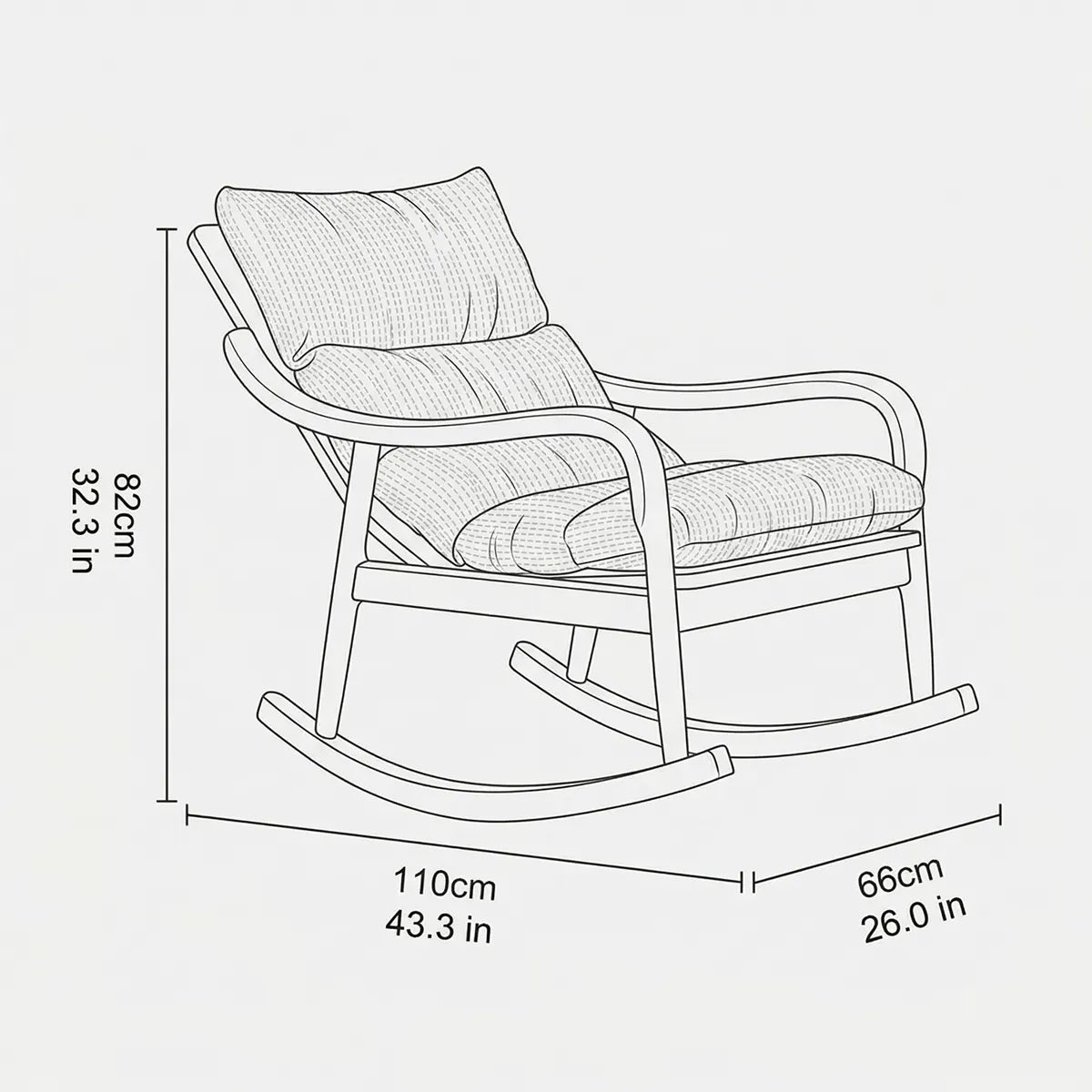 Walnutry Heritage Rocking Lounge Chair dimension guide showing 82 cm height, 110 cm depth, and 66 cm width for a mid century modern lounge chair