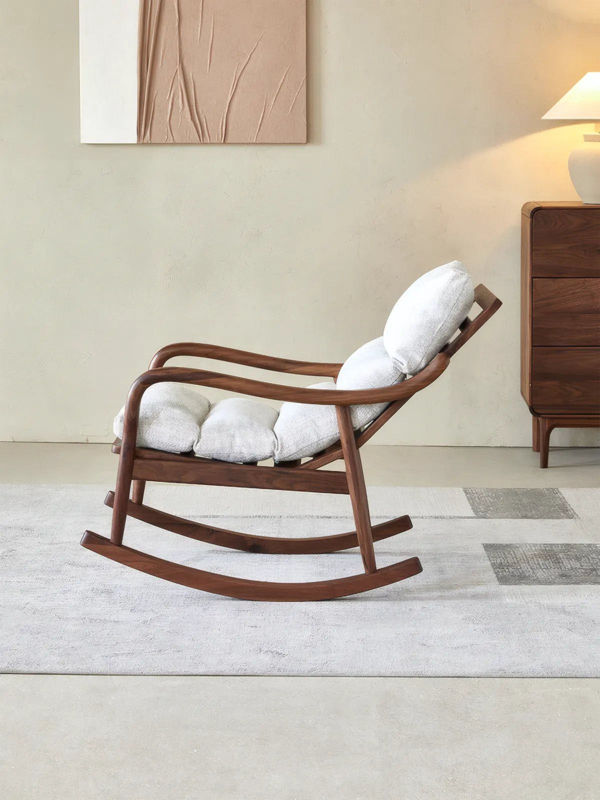 Walnutry Heritage Rocking Lounge Chair side profile, showing reclined seating angle, curved rocking runners, and mid century chaise lounge inspired silhouette