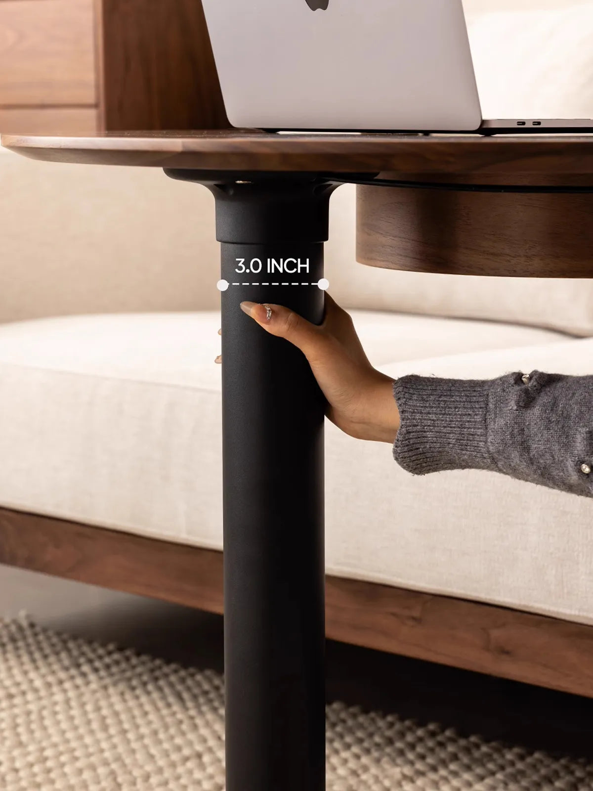 Detail shot highlighting the sturdy, 3-inch thick adjustable black column that provides stability for The Heritage side table.