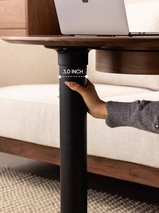 Detail shot highlighting the sturdy, 3-inch thick adjustable black column that provides stability for The Heritage side table.