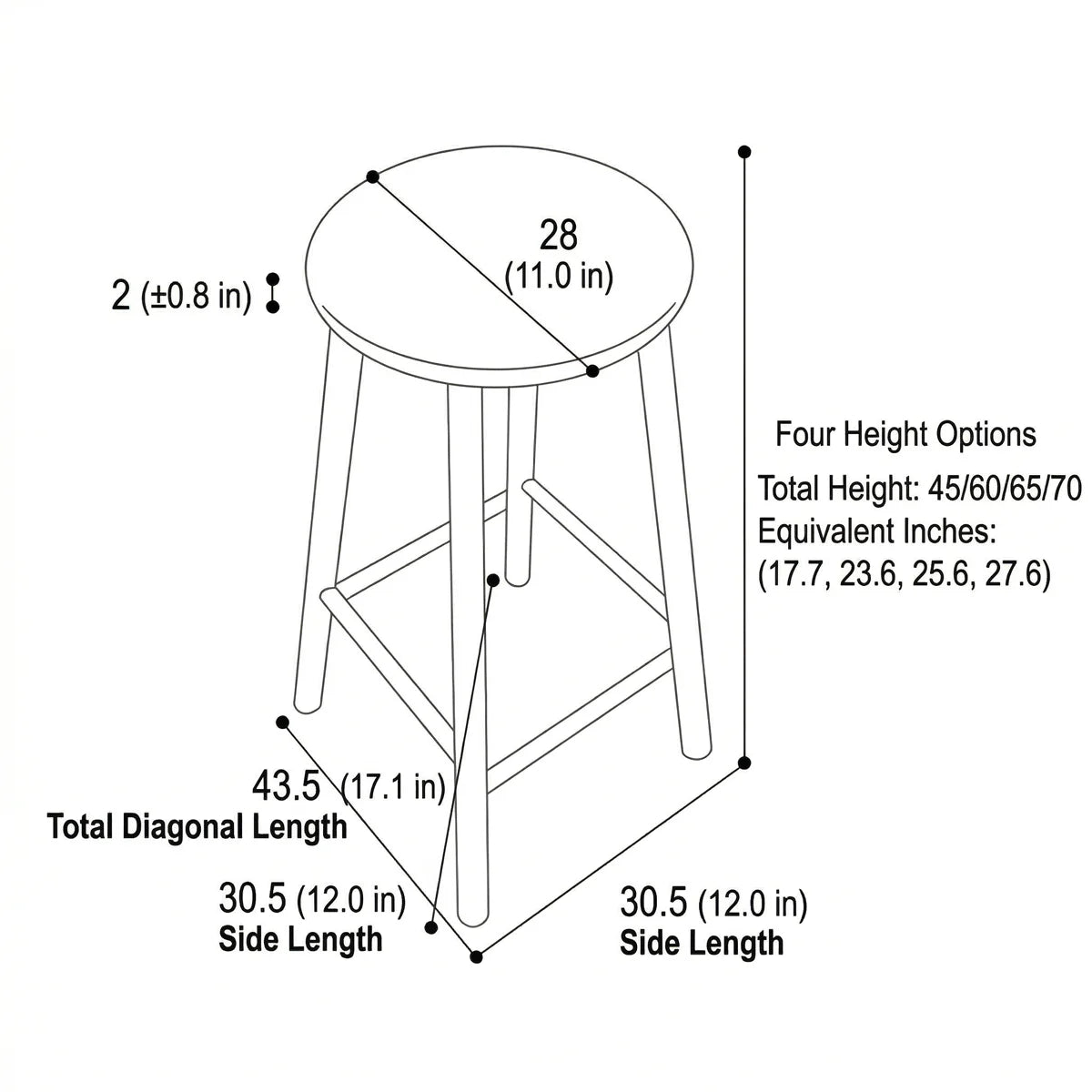 Walnutry Heritage Walnut Stool dimension guide showing 28 cm round seat diameter, 30.5 cm base width, 43.5 cm diagonal length, and four height options for walnut counter height stools