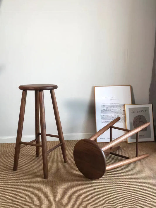 Walnutry Heritage Walnut Stool structure and side display, showing stable solid wood frame, footrest bars, and balanced counter height proportions
