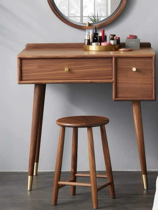 Walnutry Heritage Walnut Stool used under vanity table, a mid century modern kitchen stool and dressing stool in warm walnut wood