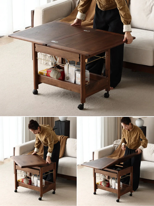 Step-by-step lifestyle demonstration of a woman easily adjusting the drop-leaf sides of The Nomad Mobile Folding Side Table.