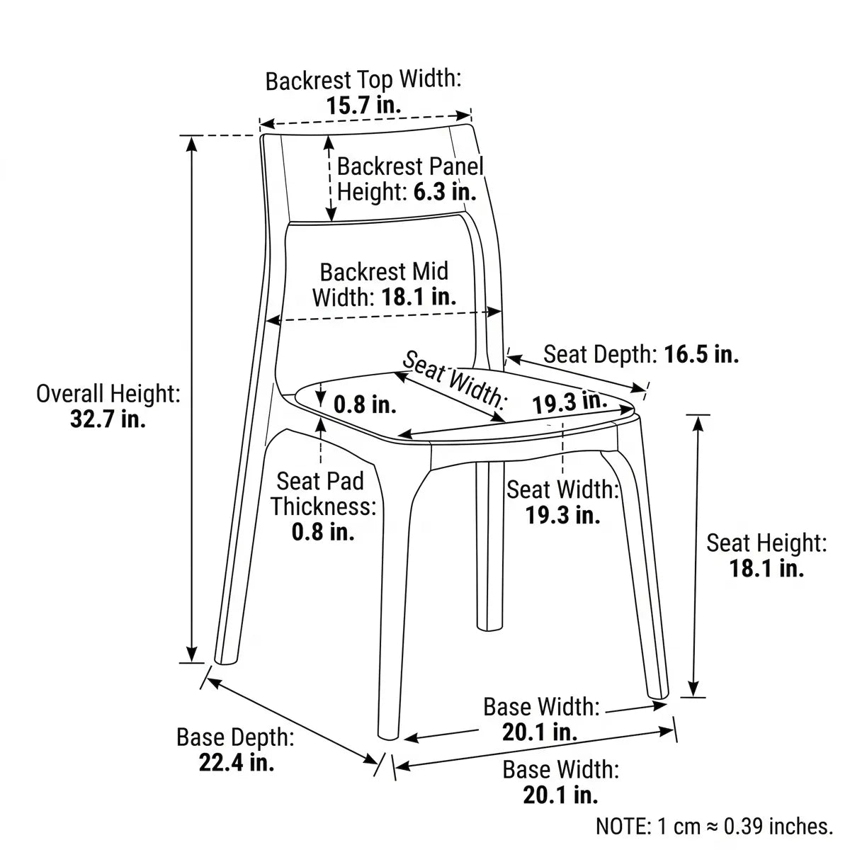 Detailed dimensional line diagram for the Japandi mid century modern chair wood frame, showing overall height, seat depth, backrest width, and base measurements in inches.