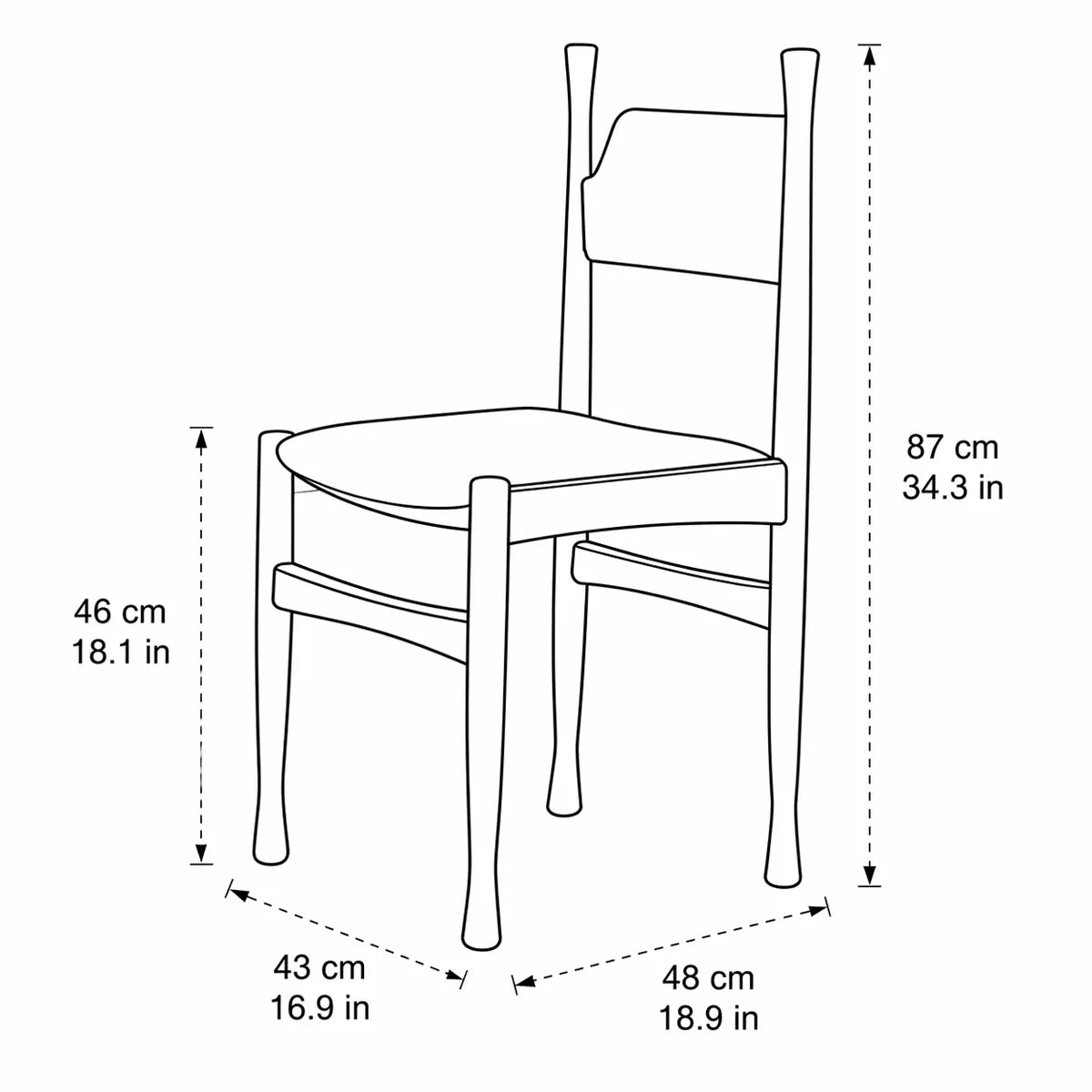 Korin dining chair dimension diagram showing height 87 cm, seat height 46 cm, width 43 cm, and depth 48 cm