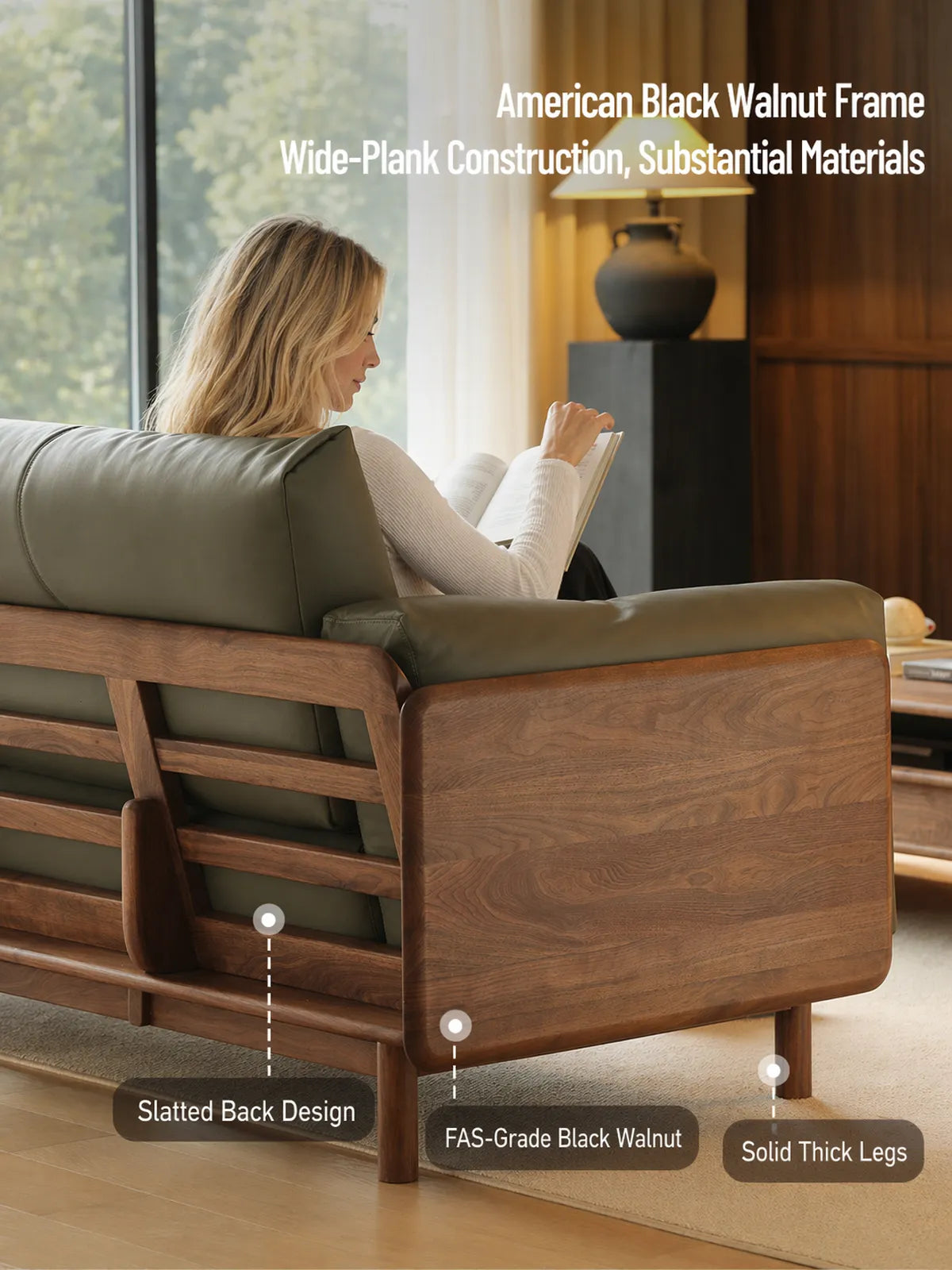 Rear three-quarter view of Lior sofa showing slatted walnut back, wide-plank construction, and solid thick legs