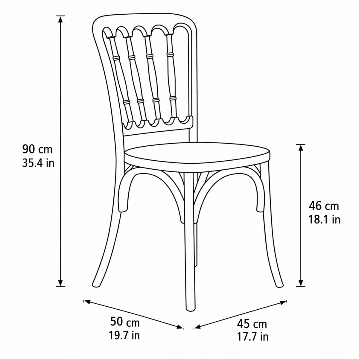 Dimension diagram of the Lovan dining chair showing 35.4 in height, 19.7 in depth, 17.7 in width, and 18.1 in seat height