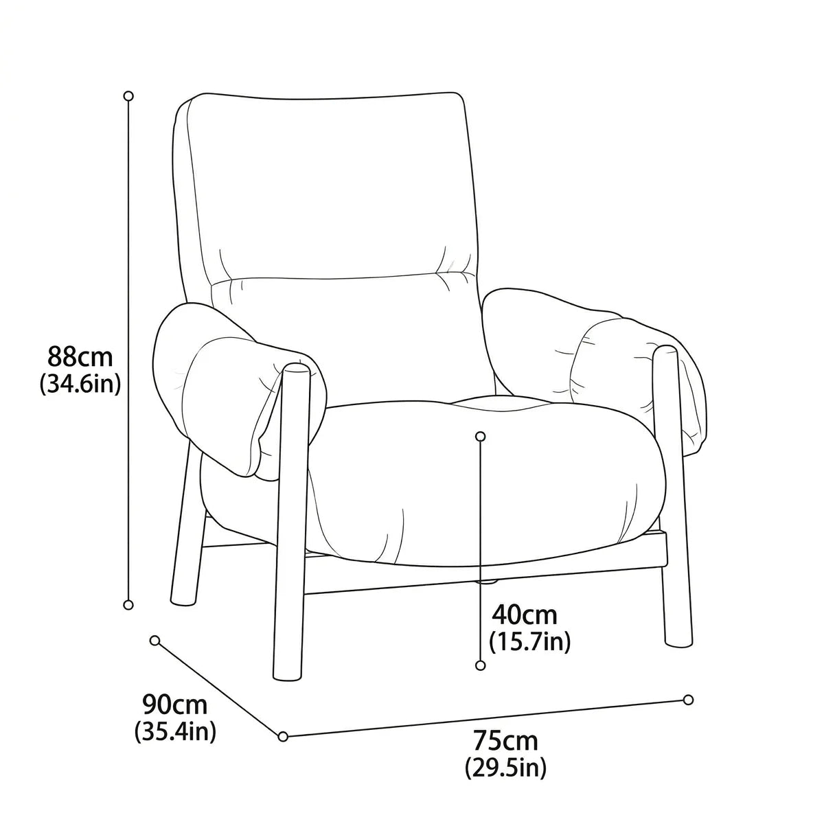 Walnutry Marais Armchair dimension guide showing 88 cm overall height, 75 cm width, 90 cm depth, and 40 cm seat height