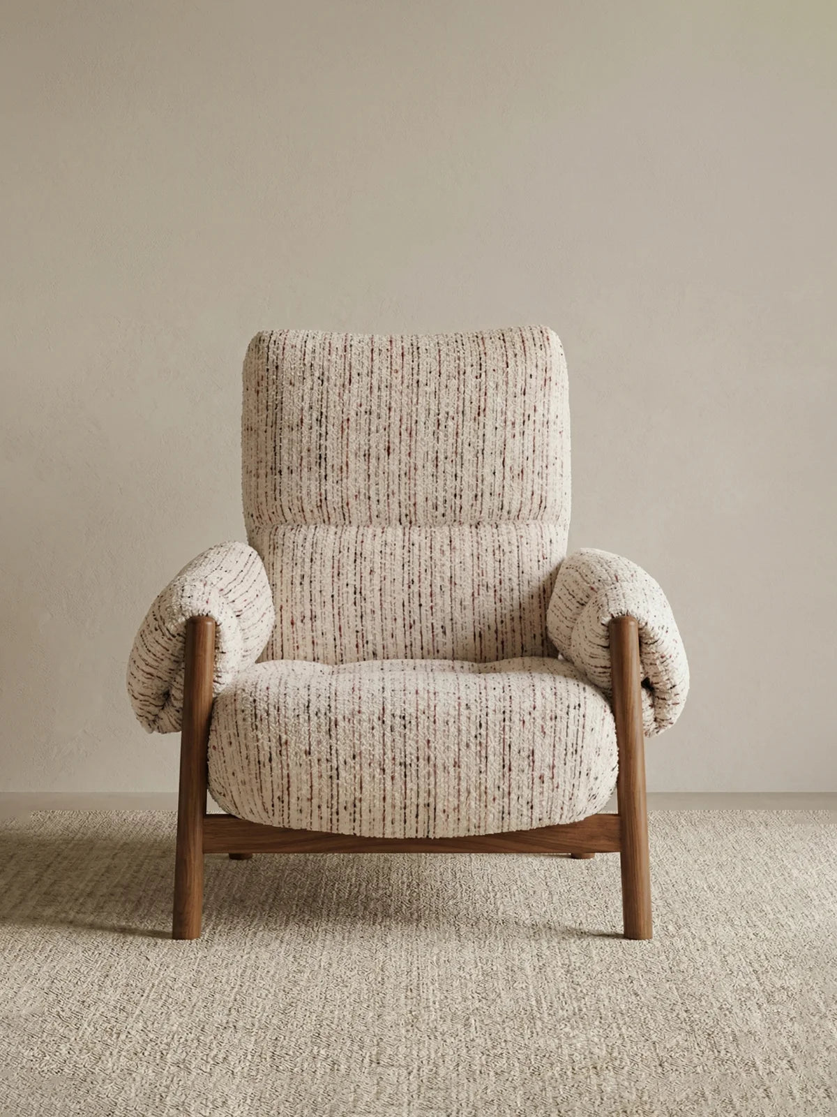 Walnutry Marais Armchair front view, wood frame armchair with textured upholstered body, high back support, padded arms, and solid walnut base