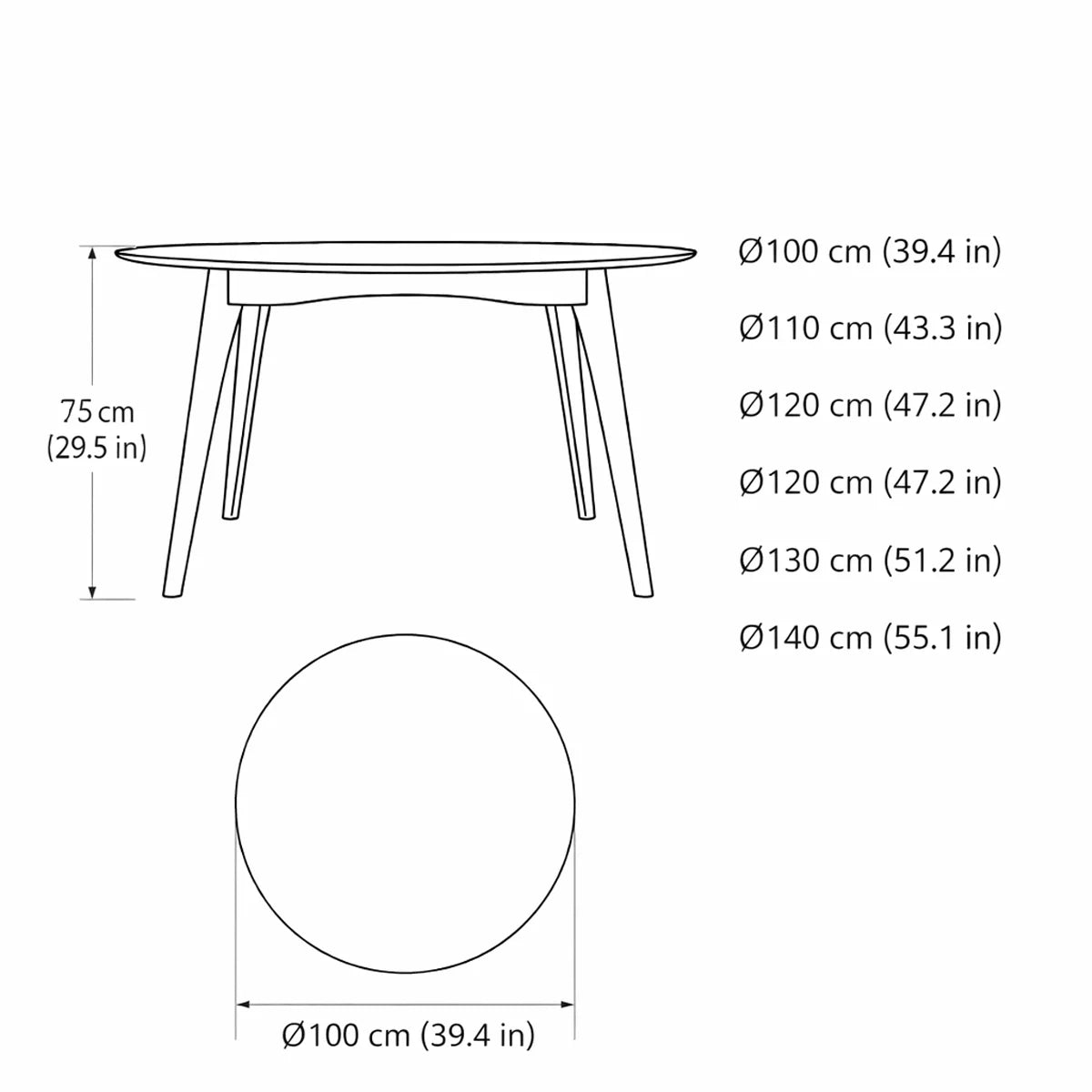 Dimension diagram of a round dining table showing a 29.5-inch height and multiple diameter options from 39.4 to 55.1 inches.