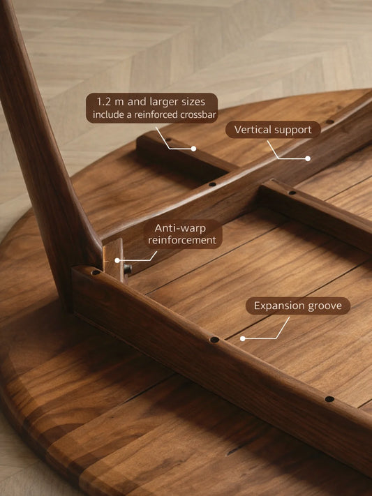 Underside structural detail of the walnut dining table showing labeled reinforcement features, including vertical support, anti-warp reinforcement, expansion groove, and reinforced crossbar.