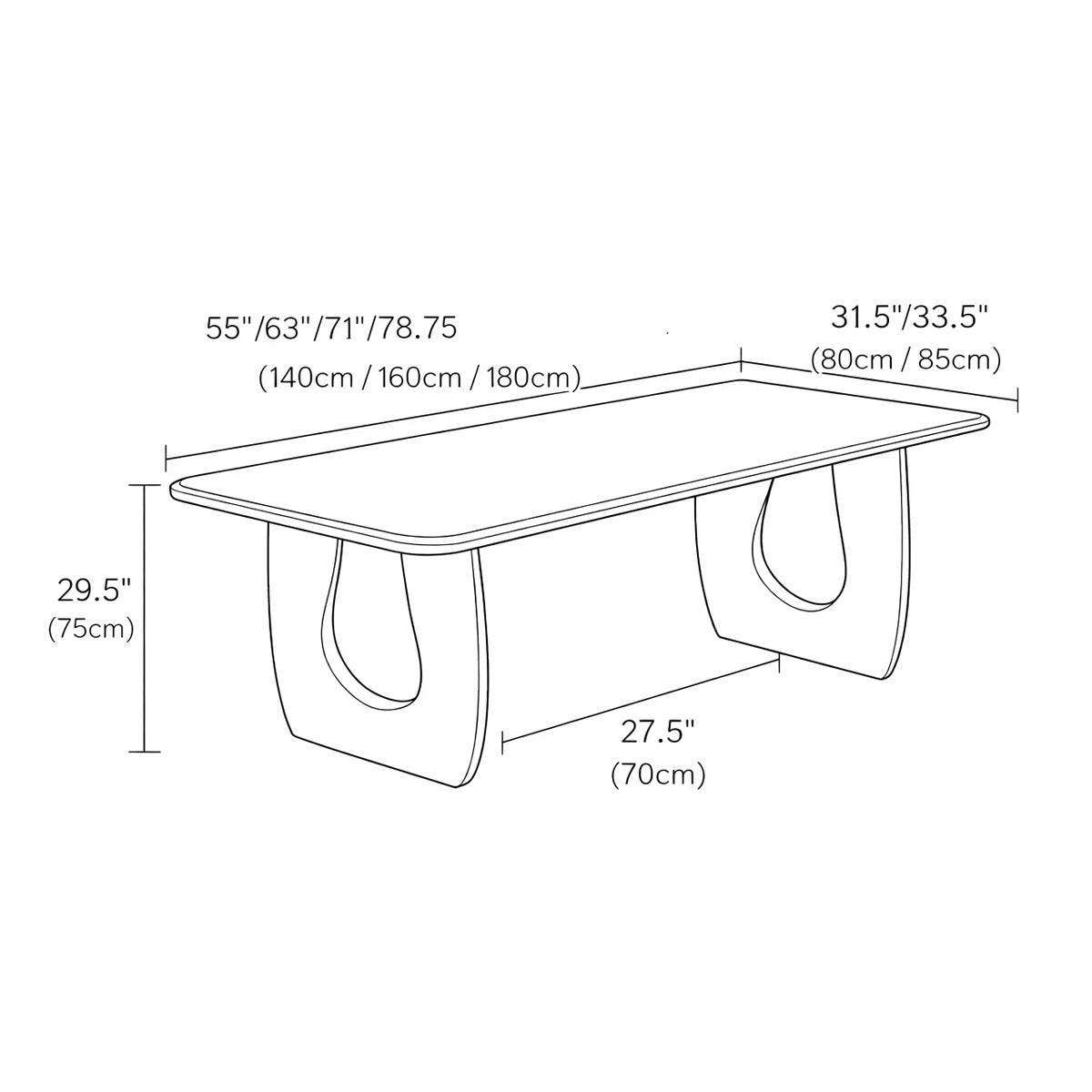 Dimension diagram of the Marlow dining table showing available lengths, depths, height, and pedestal spacing.