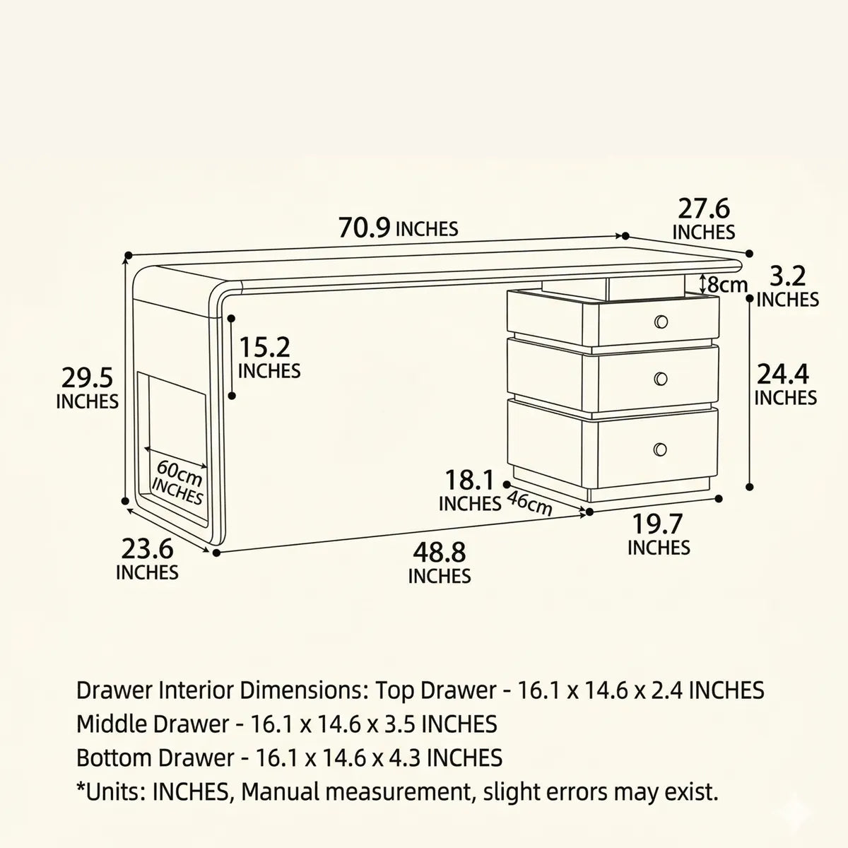 Walnutry Marlow mid century modern office desk dimensions and drawer measurements