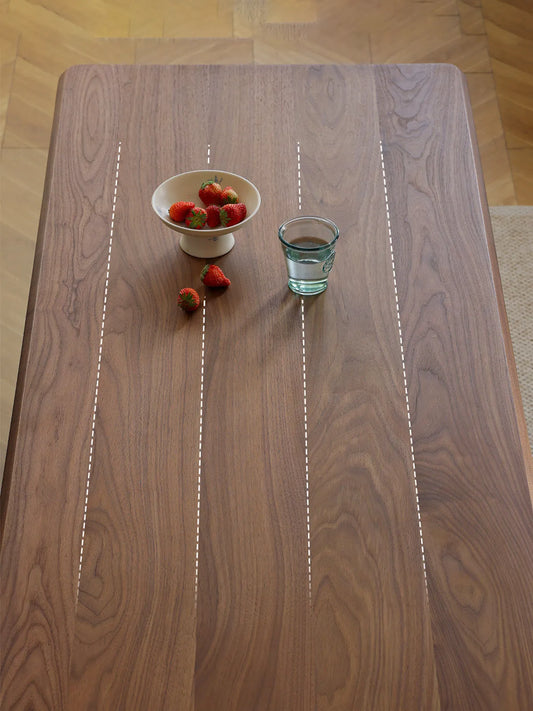Walnutry Marlow mid century modern writing desk showing the spacious walnut-grain top
