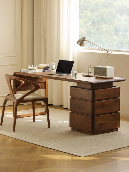 Walnutry Marlow walnut executive desk with open legroom and stacked drawers