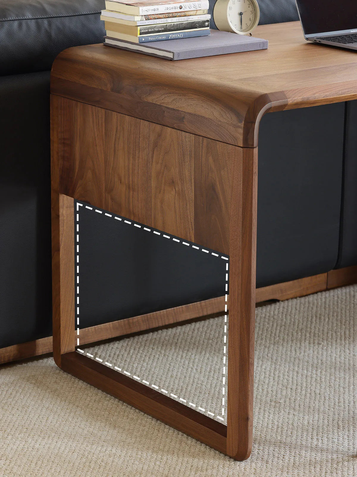 Walnutry Marlow walnut office desk showing open leg space and clean frame lines