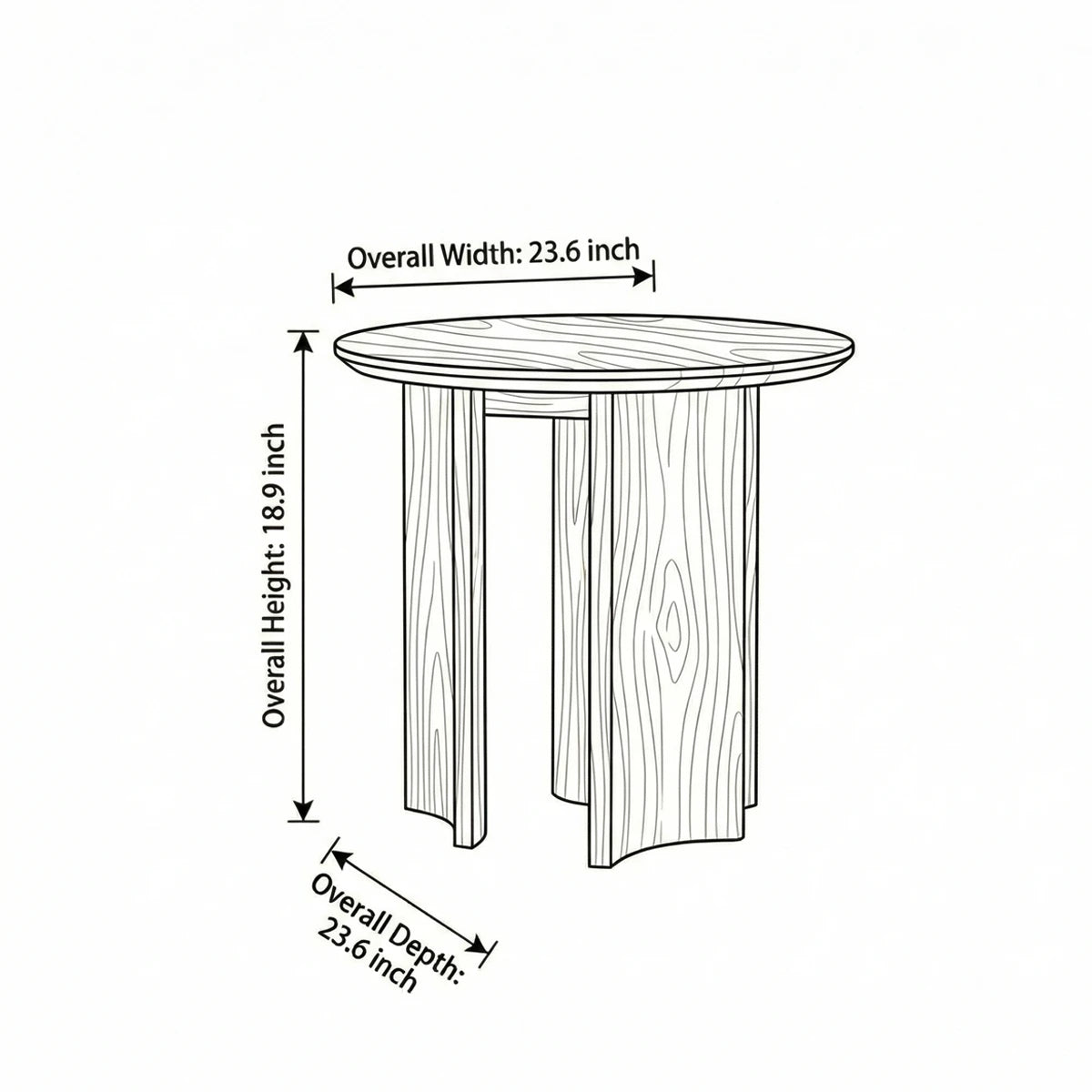 Dimensional diagram of the Cumberland mid century modern round side table, detailing its perfect 23.6-inch width and 18.9-inch height.