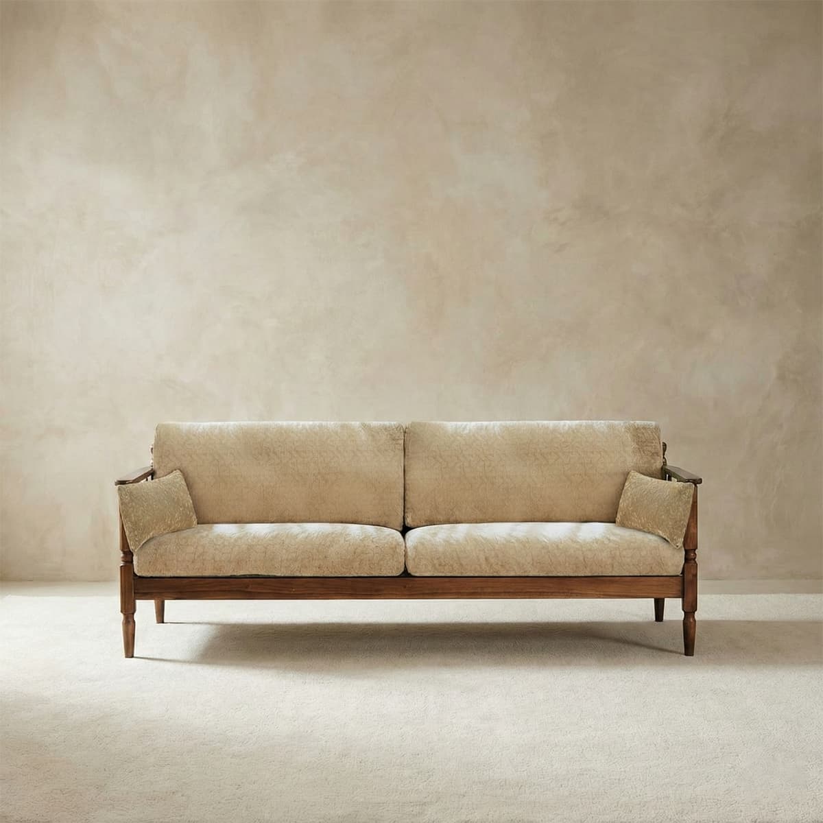 Mid-century modern inspired solid walnut sofa daybed with beige patterned upholstery and bolster pillows, showcasing traditional wooden craftsmanship.