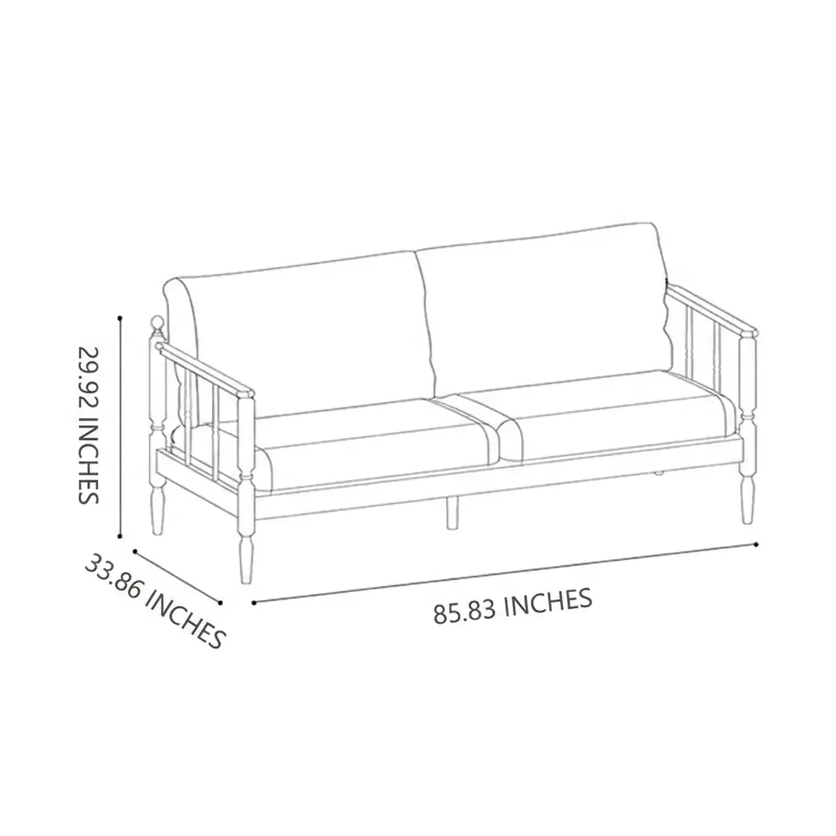 Technical dimension diagram for the Morris Solid Black Walnut Sofa: 85.83" length, 33.86" depth, and 29.92" height.