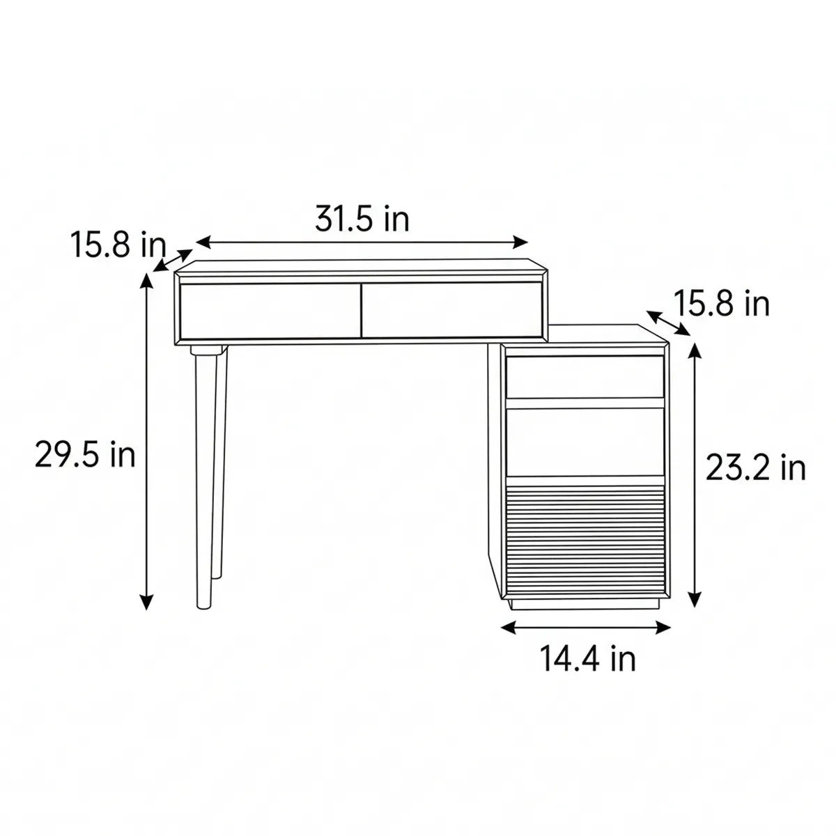 Detailed dimensional line diagram showcasing the height, width, and depth measurements for the Walnutry Muse Solid Black Walnut Vanity Desk and Nightstand.