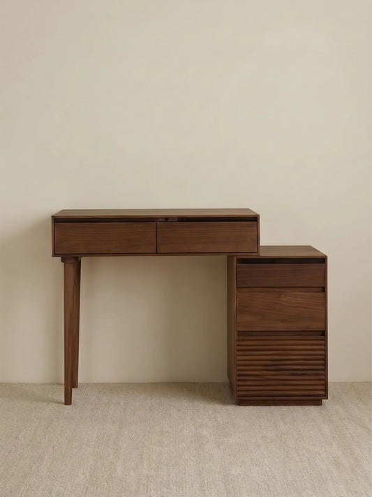 Clean, straightforward studio view of the combined Muse Vanity Desk and Integrated Nightstand, highlighting the sleek mid-century modern solid wood design.