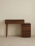 Clean, straightforward studio view of the combined Muse Vanity Desk and Integrated Nightstand, highlighting the sleek mid-century modern solid wood design.