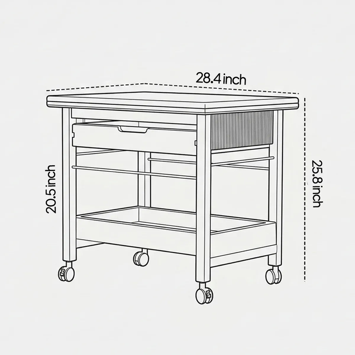 Dimension diagram of The Nomad Mobile Folding Side Table folded down, indicating a height of 25.8 inches, width of 28.4 inches, and depth of 20.5 inches.