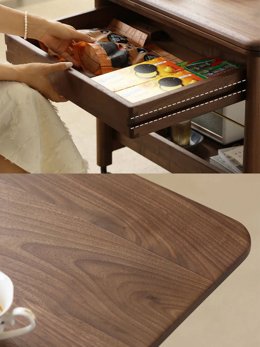 Dual view showcasing the convenient pull-out storage drawer and the rich North American Black Walnut wood texture of The Nomad Side Table.