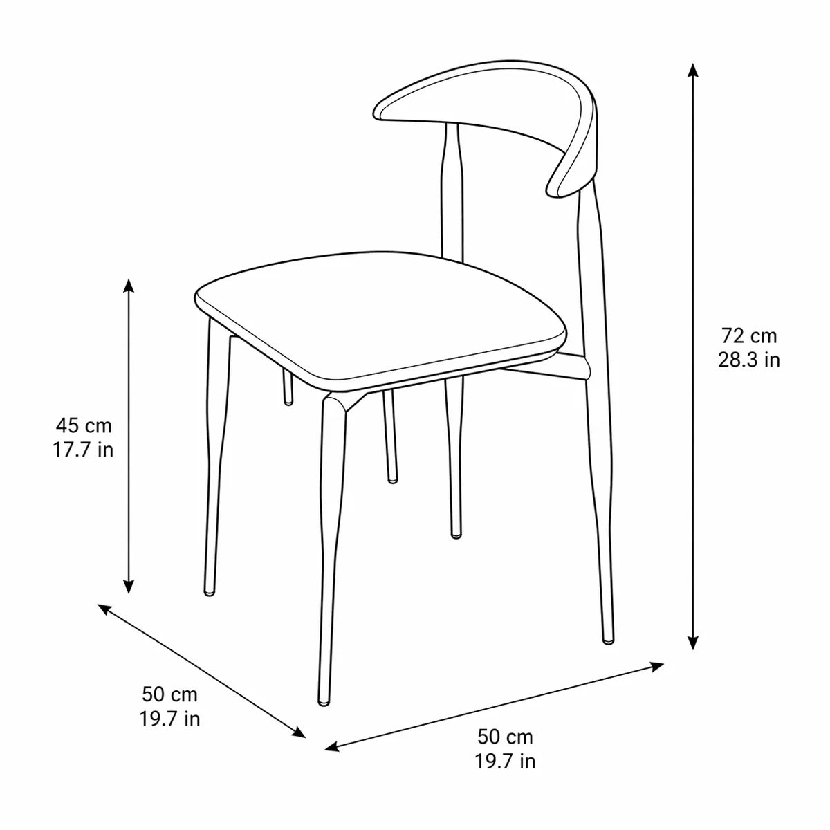 Noren dining chair technical dimension diagram showing 72 cm height, 50 cm width, 50 cm depth, and 45 cm seat height