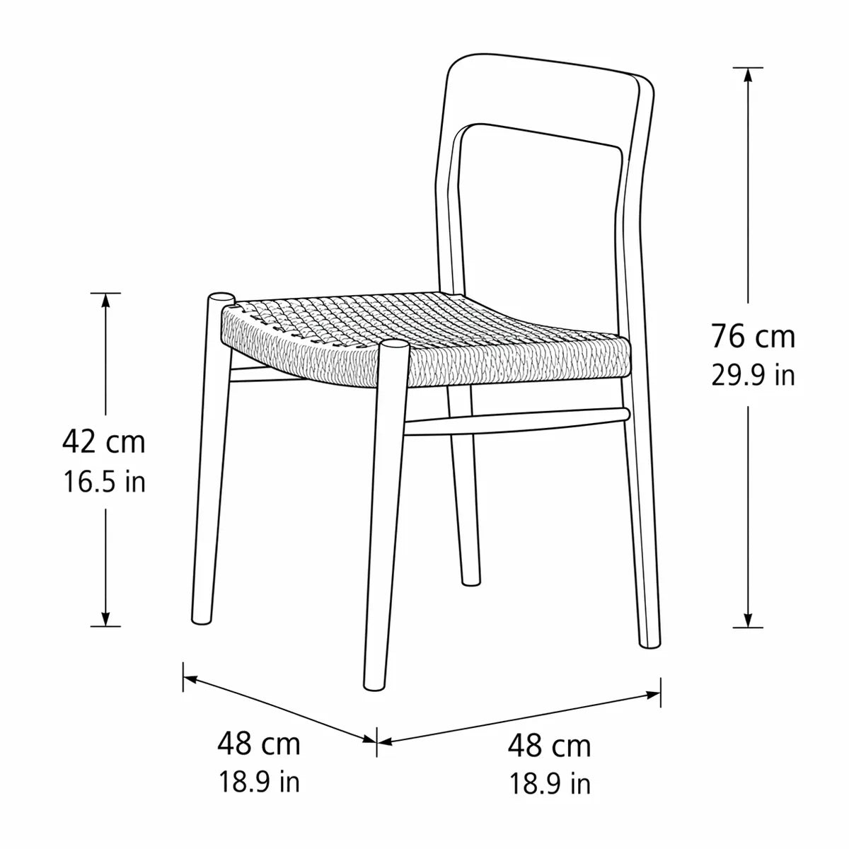 Dimension diagram of Orin dining chair showing 76 cm height, 48 cm width and depth, 42 cm seat height