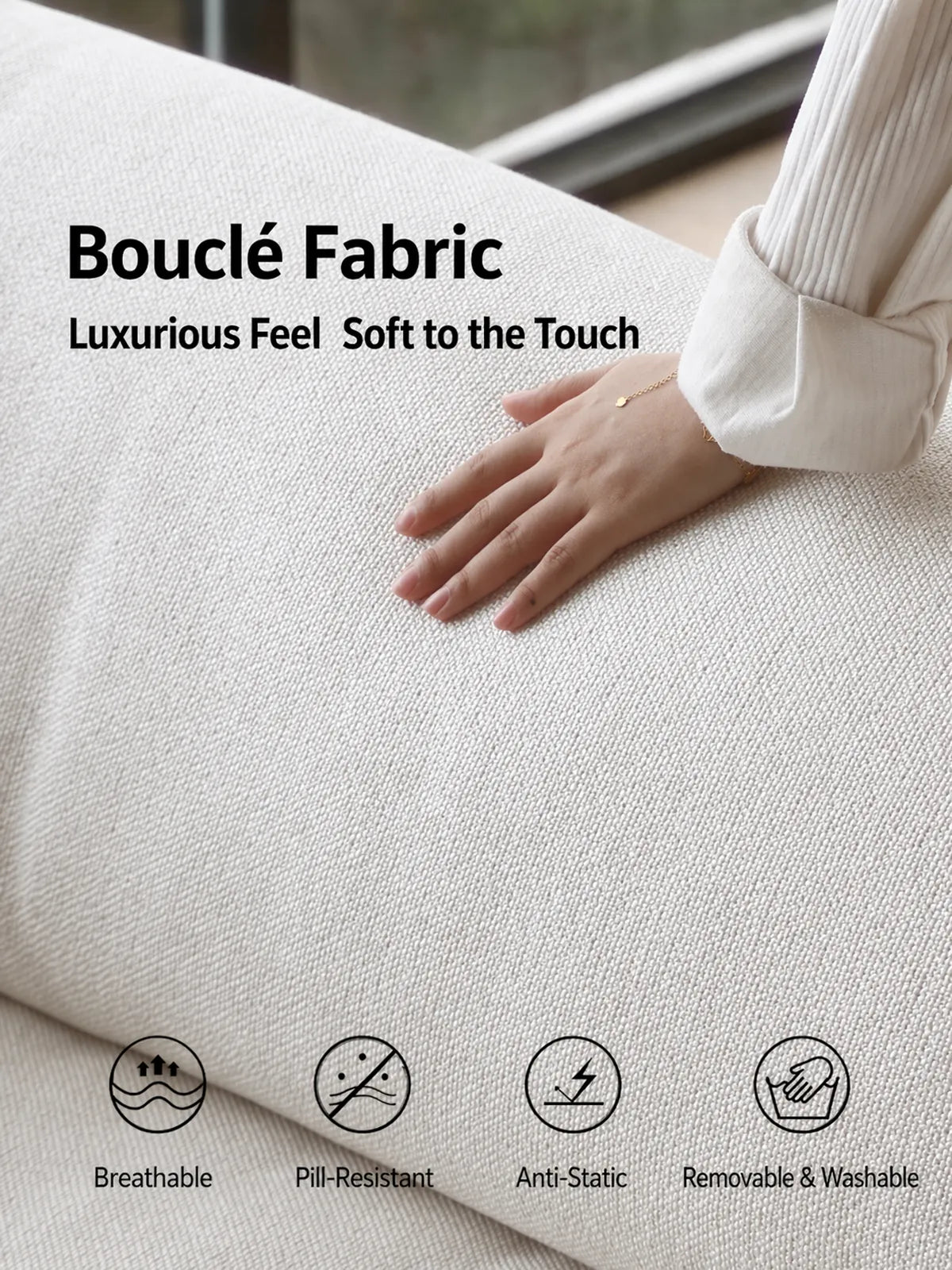Close-up of Oslo bouclé fabric texture with icons showing breathable, pill-resistant, anti-static, and removable washable properties