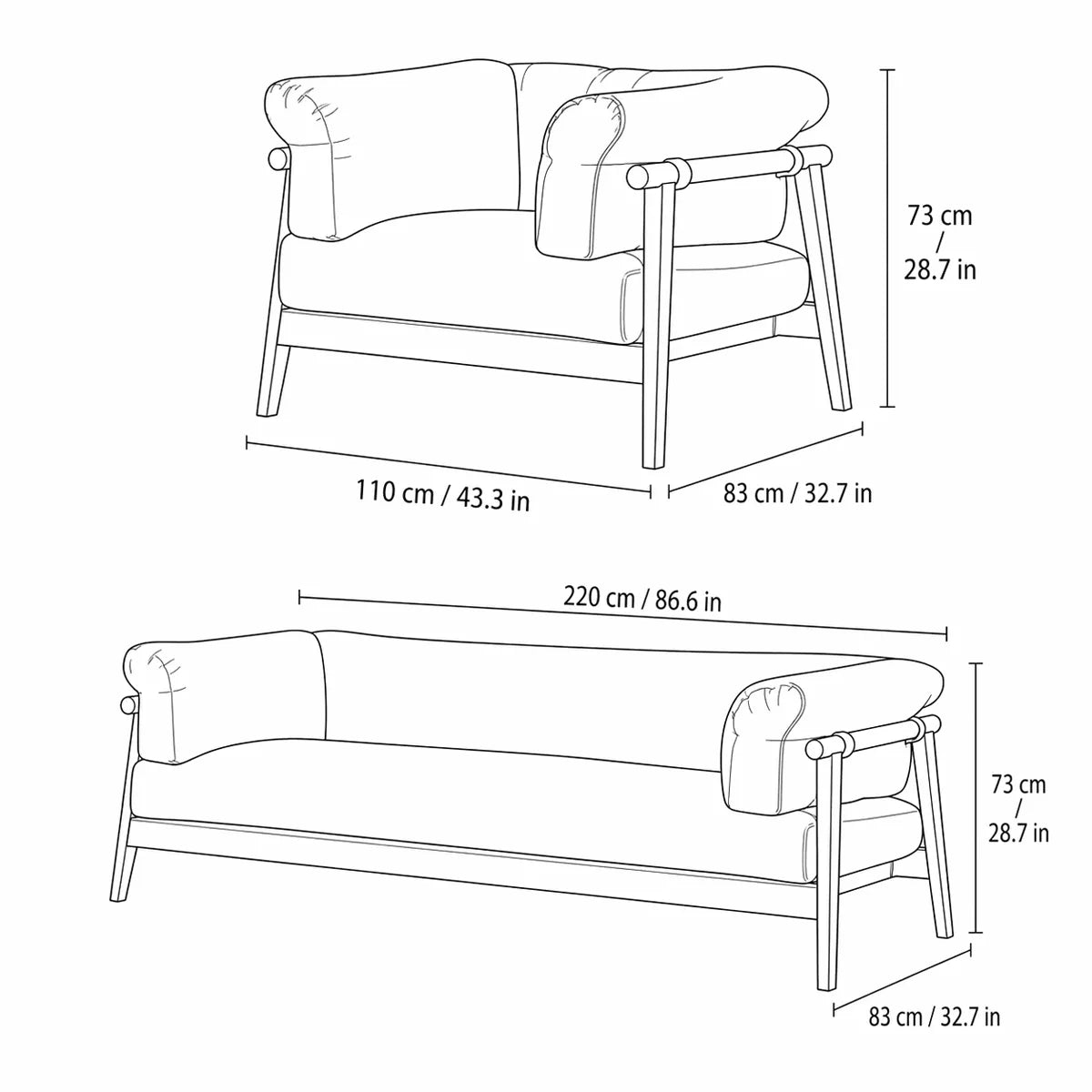Dimension diagram for Oslo single chair 43.3 by 32.7 by 28.7 inches and 3-seater sofa 86.6 by 32.7 by 28.7 inches
