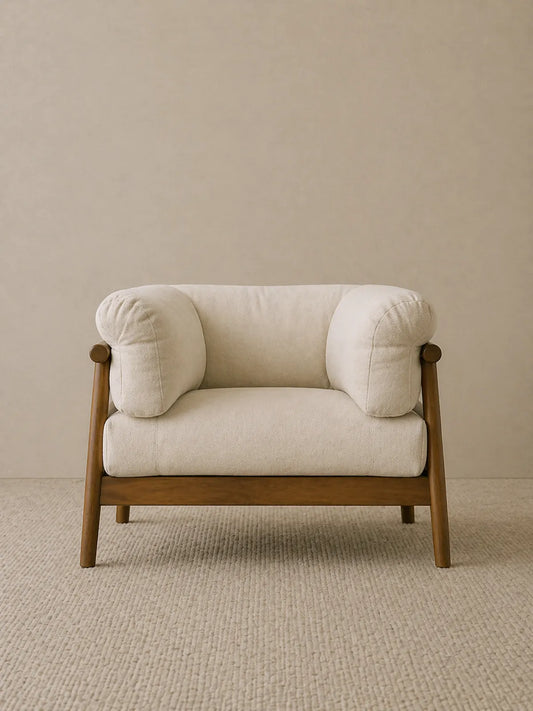 Oslo single accent chair in cream bouclé with solid walnut frame, front studio view (Single)