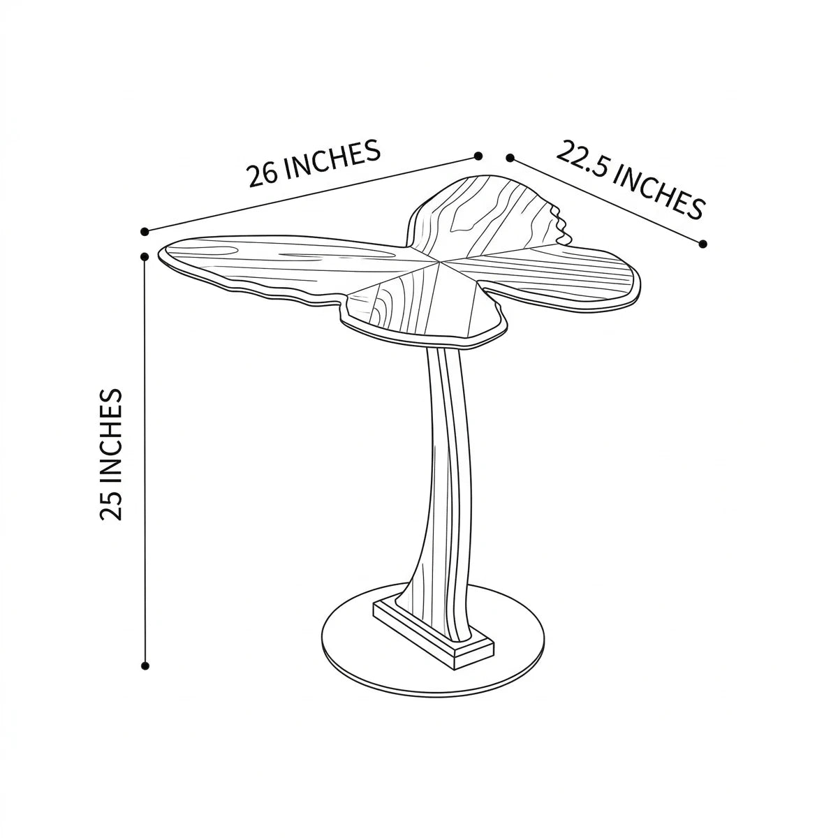Technical dimension drawing of the Papillon table: 26" width, 22.5" depth, and 25" height.