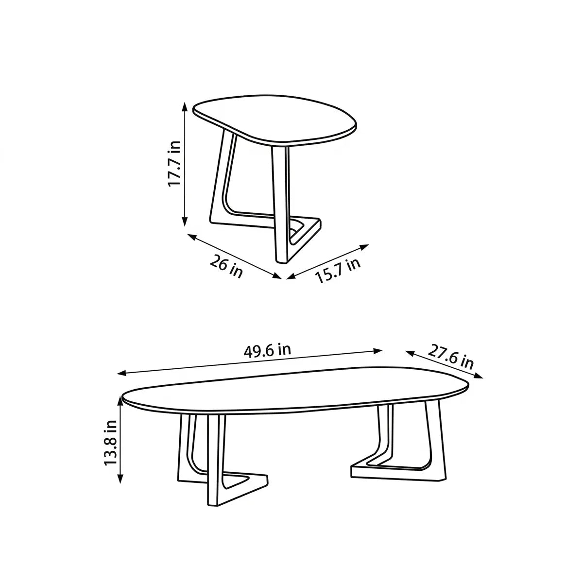 Dimension guide and measurements for the large and small tables of The Pebble Nesting Coffee Table Set.