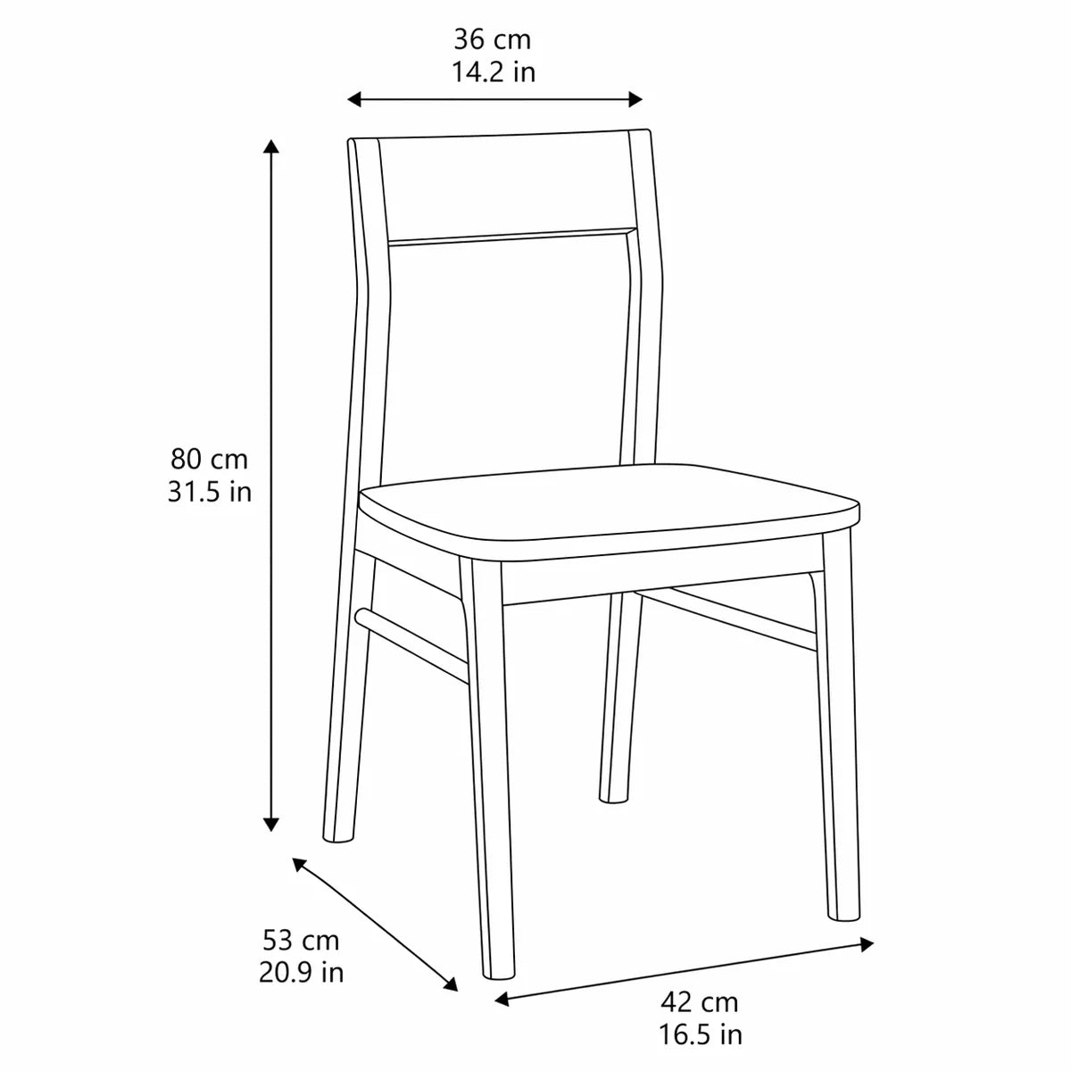 Dimension diagram of the Riven dining chair showing 80 cm height, 42 cm width, 53 cm depth, and 36 cm backrest width