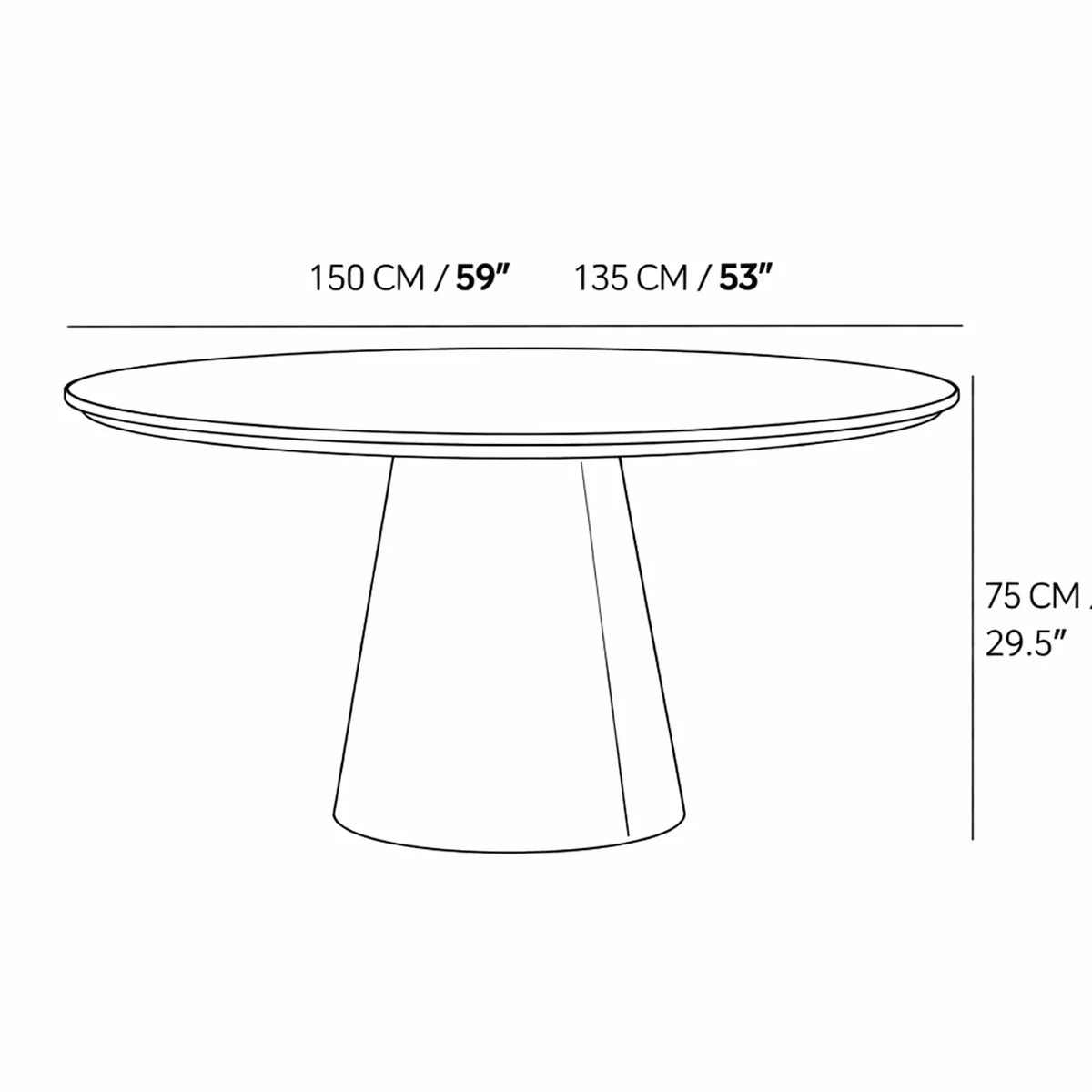Dimension diagram of a round walnut dining table showing a 59-inch tabletop diameter, 53-inch lazy Susan diameter, and 29.5-inch overall height.