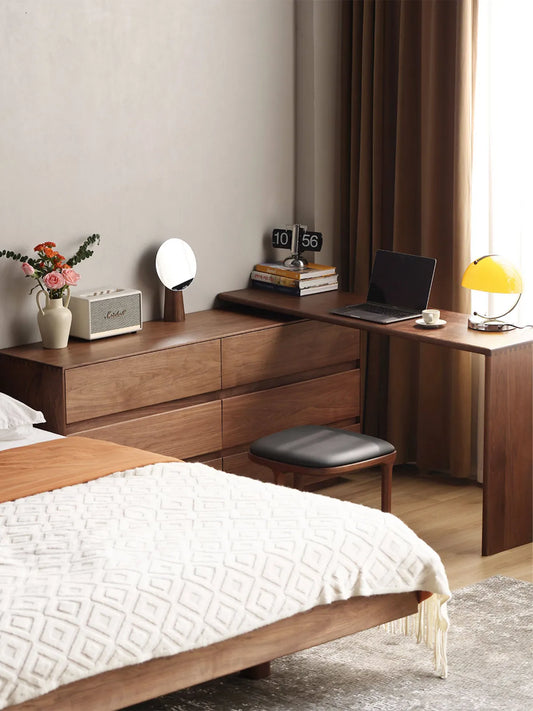 Walnutry Rowan vanity desk in a bedroom setting, also styled as a compact workspace