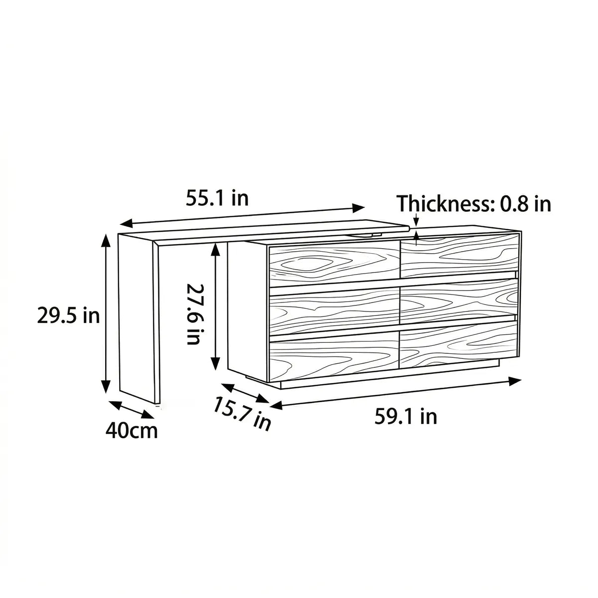 Walnutry Rowan vanity desk dimensions and overall layout illustration