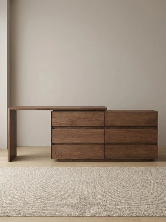 Walnutry Rowan vanity desk front view with integrated drawer storage